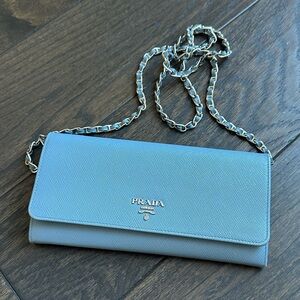 Prada Blue Saffiano Long Wallet And Chain Crossbody Bag